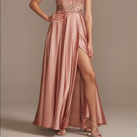 Rose Gold Satin Sequin Gown with Leg Slit - Picture 2 of 6